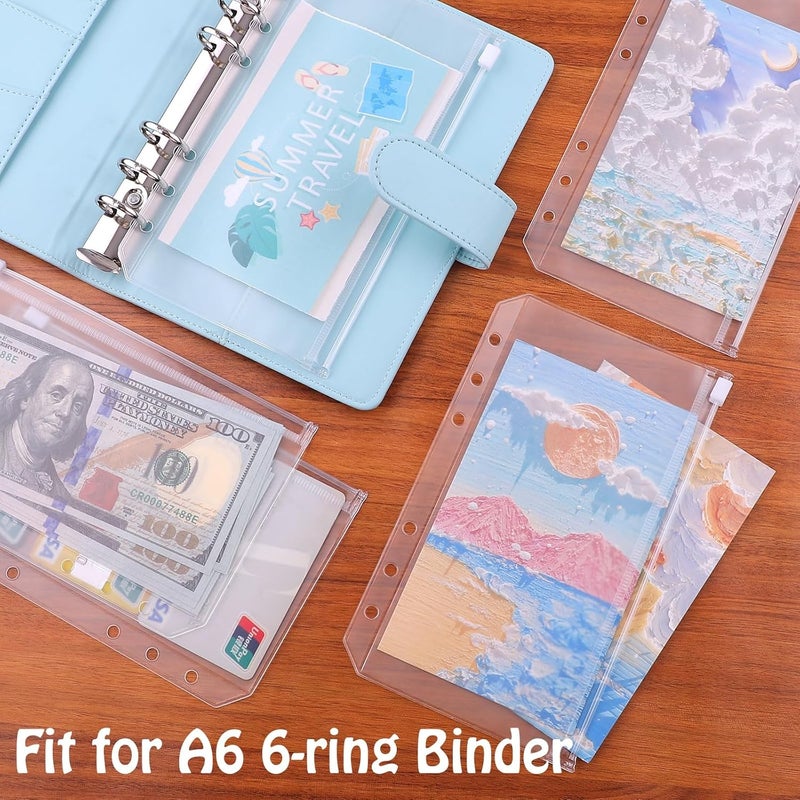 Antner 12pcs A6 Size Binder Pockets 6 Holes Budget Cash Envelopes for Budgeting, Clear Zipper Folders Loose Leaf Bags for A6 6-Ring Budget Binder, Waterproof PVC Document Pouch Filing Bags - Image 3
